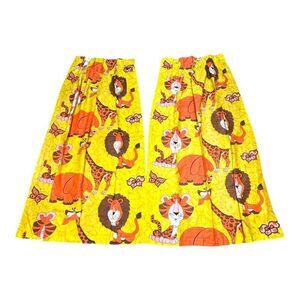 Vtg 1960s Kids Jungle Safari Animal Print Curtains 60x37 Yellow Lions Elephants